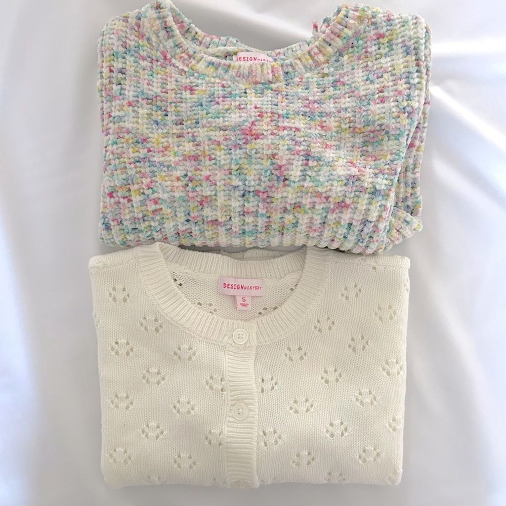 Set of 2 Girl’s “Design History” Sweaters Ivory Pointelle/Confetti Chenille Sz 5